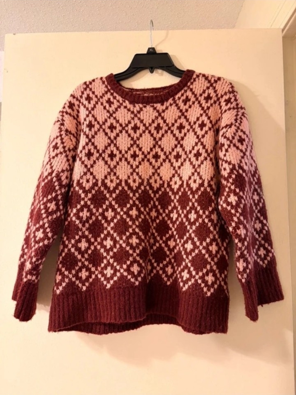 Maeve Geometric Crewneck Sweater in Burgundy & Pink Medium